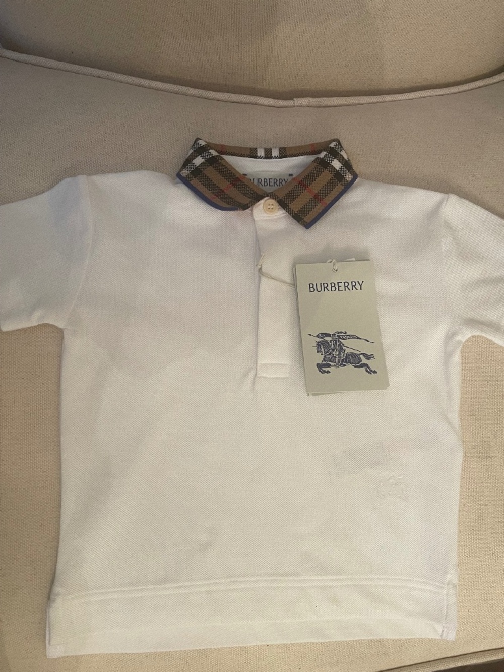 Burberry Boys White “Johane” Polo Checked Collar White Knight Embroidery NWT 12m
